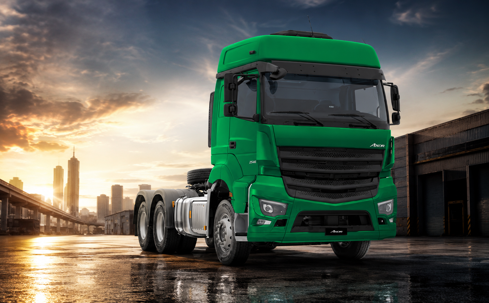 Caminhão Mercedes-Benz Axor verde em pátio industrial