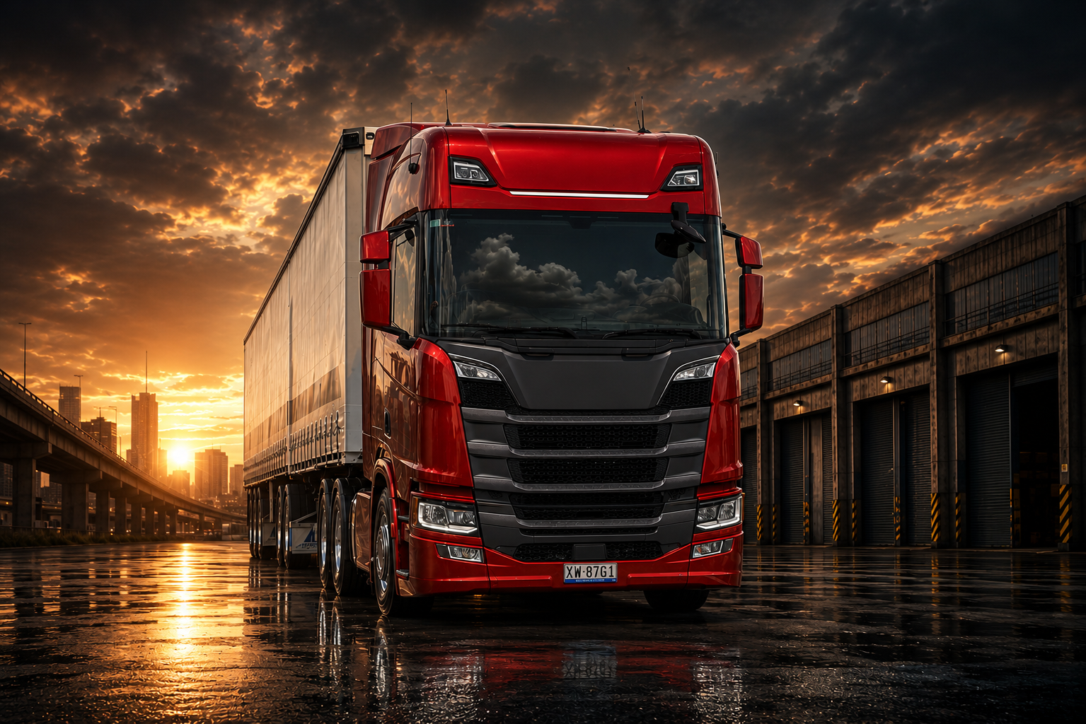 Caminhão Scania vermelho em terminal logístico